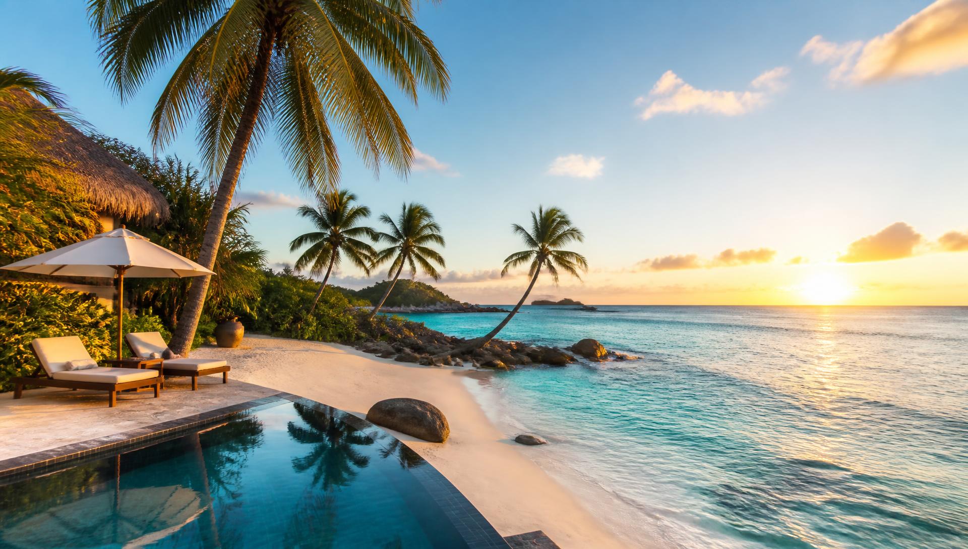 Tropical beach resort with palm trees at sunset